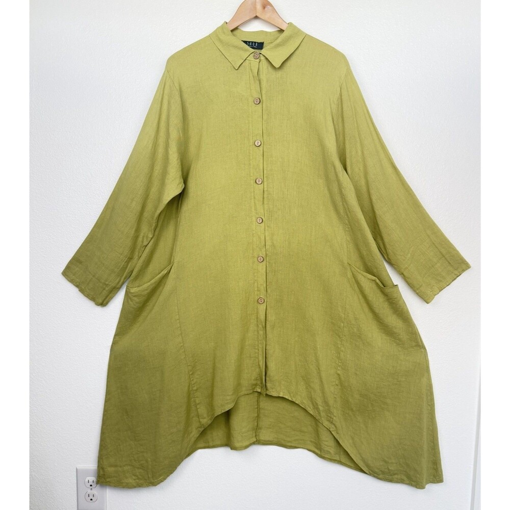 SAGA Green Linen Shirt Dress Pockets OS Lagenlook Long Sleeve Italy Made - Picture 4 of 14